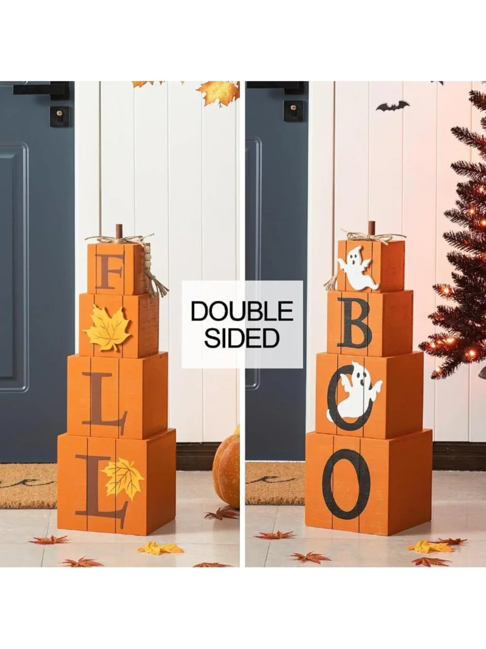 Reversible Fall & Halloween Pumpkin Stacked Boxes - 25.5 Inch Farmhouse Decor